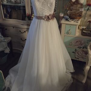 Alfred Angelo White Wedding Dress with Blush Sash